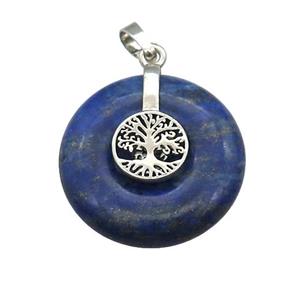 Natural Blue Lapis Lazuli Donut Pendant With Alloy Tree Of Life, approx 30mm