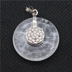Natural Clear Quartz Donut Pendant With Alloy Flower Of Life, approx 30mm