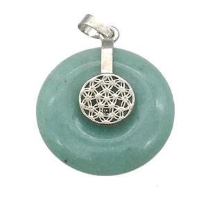 Natural Green Aventurine Donut Pendant With Alloy Flower Of Life, approx 30mm