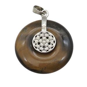 Natural Tiger Eye Stone Donut Pendant With Alloy Flower Of Life, approx 30mm