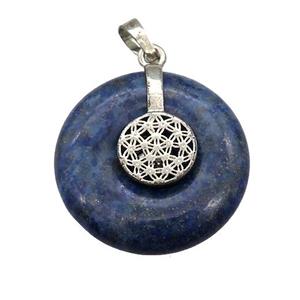 Natural Blue Lapis Lazuli Donut Pendant With Alloy Flower Of Life, approx 30mm