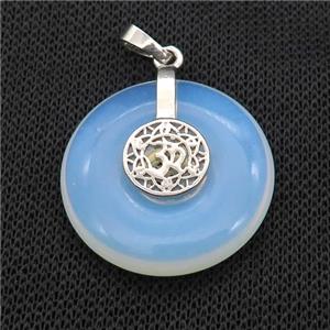 White Opalite Donut Pendant With Alloy Chakra OM Symbol, approx 30mm