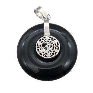 Natural Black Obsidian Donut Pendant With Alloy Chakra OM Symbol, approx 30mm