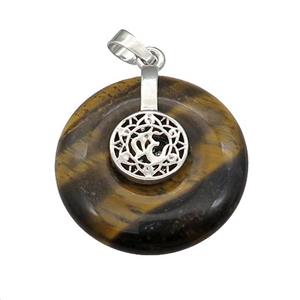 Natural Tiger Eye Stone Donut Pendant With Alloy Chakra OM Symbol, approx 30mm