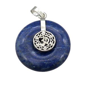Natural Blue Lapis Lazuli Donut Pendant With Alloy Chakra OM Symbol, approx 30mm