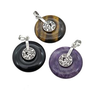 Natural Gemstone Donut Pendant With Alloy Chakra OM Symbol Mixed, approx 30mm