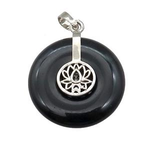 Natural Black Obsidian Donut Pendant With Alloy Buddhist Lotus, approx 30mm