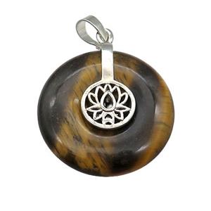 Natural Tiger Eye Stone Donut Pendant With Alloy Buddhist Lotus, approx 30mm
