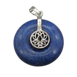 Natural Blue Lapis Lazuli Donut Pendant With Alloy Buddhist Lotus, approx 30mm