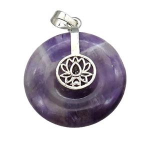 Natural Purple Amethyst Donut Pendant With Alloy Buddhist Lotus, approx 30mm