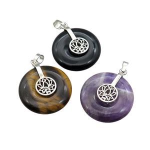 Natural Gemstone Donut Pendant With Alloy Buddhist Lotus Mixed, approx 30mm