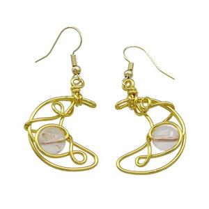 Copper Hook Earrings Moon With Clear Quartz Wire Wrapped Gold Plated, approx 8mm, 20-25mm
