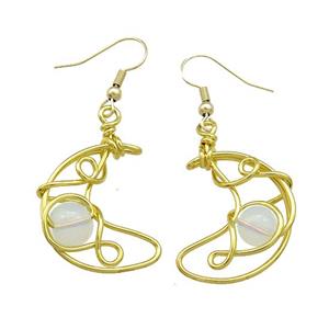 Copper Hook Earrings Moon With White Opalite Wire Wrapped Gold Plated, approx 8mm, 20-25mm