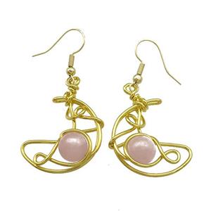 Copper Hook Earrings Moon With Rose Quartz Wire Wrapped Gold Plated, approx 8mm, 20-25mm