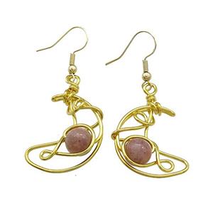 Copper Hook Earrings Moon With Pink Strawberry Quartz Wire Wrapped Gold Plated, approx 8mm, 20-25mm