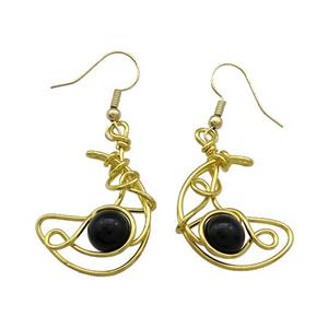 Copper Hook Earrings Moon With Black Obsidian Wire Wrapped Gold Plated, approx 8mm, 20-25mm