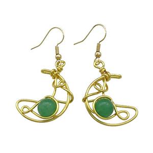 Copper Hook Earrings Moon With Green Aventurine Wire Wrapped Gold Plated, approx 8mm, 20-25mm
