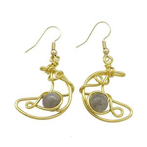 Copper Hook Earrings Moon With Labradorite Wire Wrapped Gold Plated, approx 8mm, 20-25mm