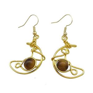 Copper Hook Earrings Moon With Tiger Eye Stone Wire Wrapped Gold Plated, approx 8mm, 20-25mm