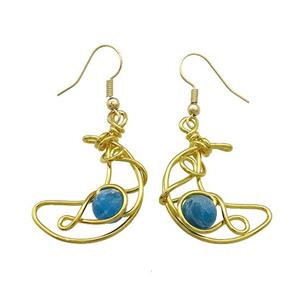 Copper Hook Earrings Moon With Blue Apatite Wire Wrapped Gold Plated, approx 8mm, 20-25mm