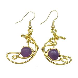 Copper Hook Earrings Moon With Purple Amethyst Wire Wrapped Gold Plated, approx 8mm, 20-25mm