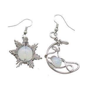 Copper Hook Earring Star Moon With Opalite Wire Wrapped Platinum Plated, approx 8mm, 10mm, 25mm
