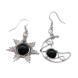 Copper Hook Earring Star Moon With Black Obsidian Wire Wrapped Platinum Plated, approx 8mm, 10mm, 25mm