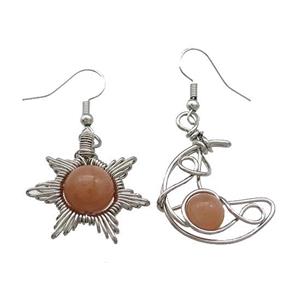 Copper Hook Earring Star Moon With Peach Moonstone Wire Wrapped Platinum Plated, approx 8mm, 10mm, 25mm