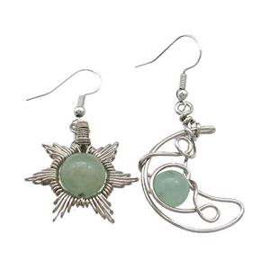 Copper Hook Earring Star Moon With Green Aventurine Wire Wrapped Platinum Plated, approx 8mm, 10mm, 25mm