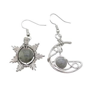 Copper Hook Earring Star Moon With Labradorite Wire Wrapped Platinum Plated, approx 8mm, 10mm, 25mm