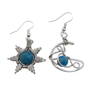 Copper Hook Earring Star Moon With Blue Apatite Wire Wrapped Platinum Plated, approx 8mm, 10mm, 25mm