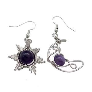 Copper Hook Earring Star Moon With Purple Amethyst Wire Wrapped Platinum Plated, approx 8mm, 10mm, 25mm