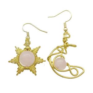 Copper Hook Earring Star Moon With Rose Quartz Wire Wrapped Gold Plated, approx 8mm, 10mm, 25mm