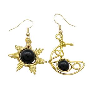 Copper Hook Earring Star Moon With Black Obsidian Wire Wrapped Gold Plated, approx 8mm, 10mm, 25mm