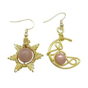 Copper Hook Earring Star Moon With Peach Moonstone Wire Wrapped Gold Plated, approx 8mm, 10mm, 25mm