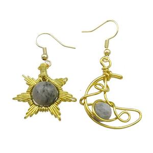 Copper Hook Earring Star Moon With Labradorite Wire Wrapped Gold Plated, approx 8mm, 10mm, 25mm
