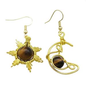 Copper Hook Earring Star Moon With Tiger Eye Stone Wire Wrapped Gold Plated, approx 8mm, 10mm, 25mm