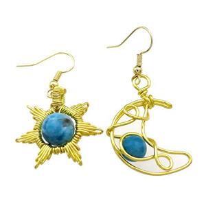 Copper Hook Earring Star Moon With Blue Apatite Wire Wrapped Gold Plated, approx 8mm, 10mm, 25mm