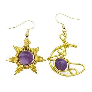 Copper Hook Earring Star Moon With Amethyst Wire Wrapped Gold Plated, approx 8mm, 10mm, 25mm