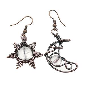 Copper Hook Earring Star Moon With Clear Quartz Wire Wrapped Antique Red, approx 8mm, 10mm, 25mm