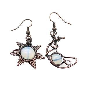 Copper Hook Earring Star Moon With Opalite Wire Wrapped Antique Red, approx 8mm, 10mm, 25mm