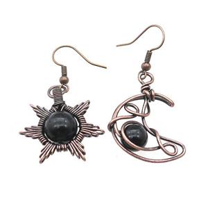 Copper Hook Earring Star Moon With Black Obsidian Wire Wrapped Antique Red, approx 8mm, 10mm, 25mm