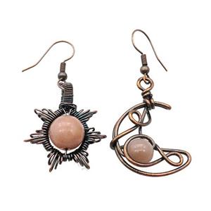 Copper Hook Earring Star Moon With Peach Moonstone Wire Wrapped Antique Red, approx 8mm, 10mm, 25mm
