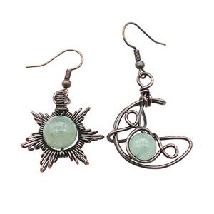 Copper Hook Earring Star Moon With Green Aventurine Wire Wrapped Antique Red, approx 8mm, 10mm, 25mm