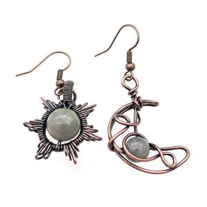 Copper Hook Earring Star Moon With Labradorite Wire Wrapped Antique Red, approx 8mm, 10mm, 25mm