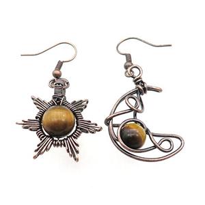 Copper Hook Earring Star Moon With Tiger Eye Stone Wire Wrapped Antique Red, approx 8mm, 10mm, 25mm