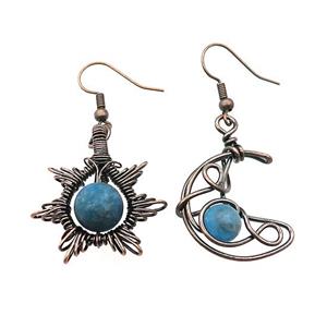 Copper Hook Earring Star Moon With Blue Apatite Wire Wrapped Antique Red, approx 8mm, 10mm, 25mm