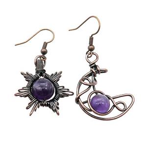 Copper Hook Earring Star Moon With Purple Amethyst Wire Wrapped Antique Red, approx 8mm, 10mm, 25mm