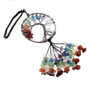 Tree Of Life Pendant Tassel With Chakra Gemstone Copper Wire Wrapped Antique Red, approx 50mm, 110mm length