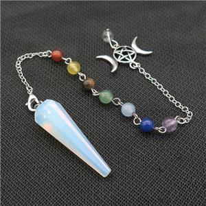 White Opalite Pendulum Pendant With Gemstone Chakra Chain Alloy Star Moon Platinum Plated, approx 13-42mm, 6mm, 18cm length